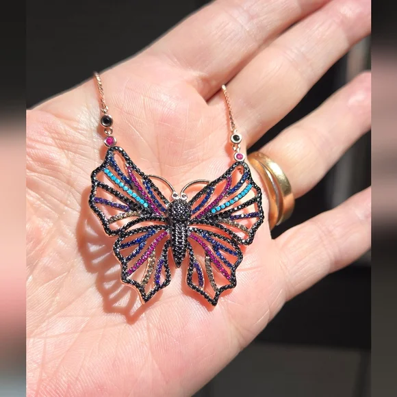 Gemstone Natural Sterling & Rosegold Butterfly Adjustable Necklace - Picture 9 of 12